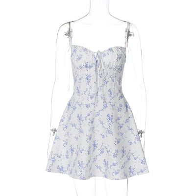 Cypress Light Blue Floral Print Front Lace Up Mini Dress