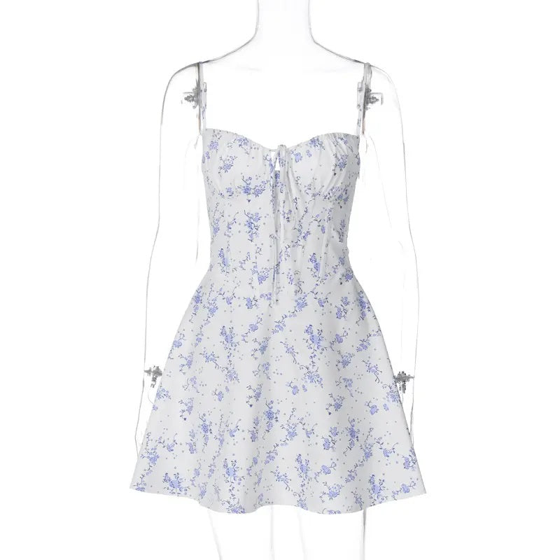 Cypress Light Blue Floral Print Front Lace Up Mini Dress