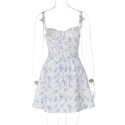 Cypress Light Blue Floral Print Front Lace Up Mini Dress