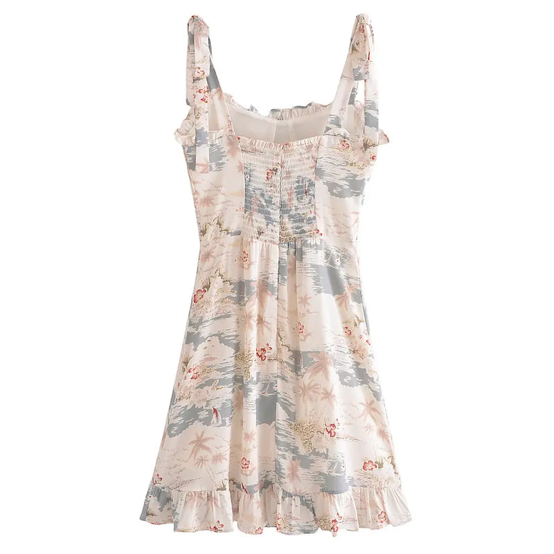 Dalya Muticolor Floral Print Sleeveless Self Tie Strap Ruffled Hem Mini Dress