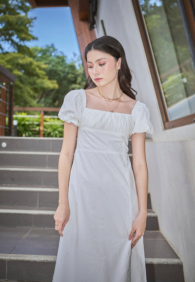 Isabella White Square Neck Ruched Bust Short Sleeves Midi Dress