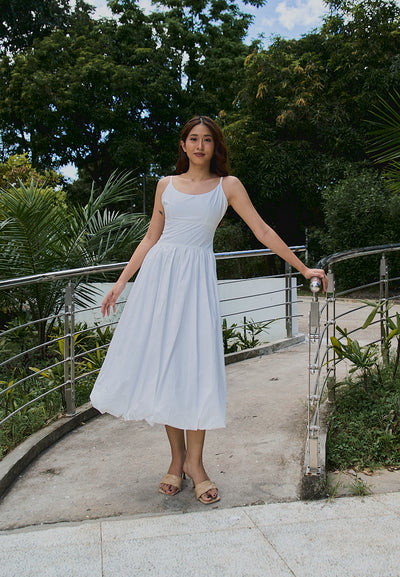 Juana White Gathered Balloon Midi Dress