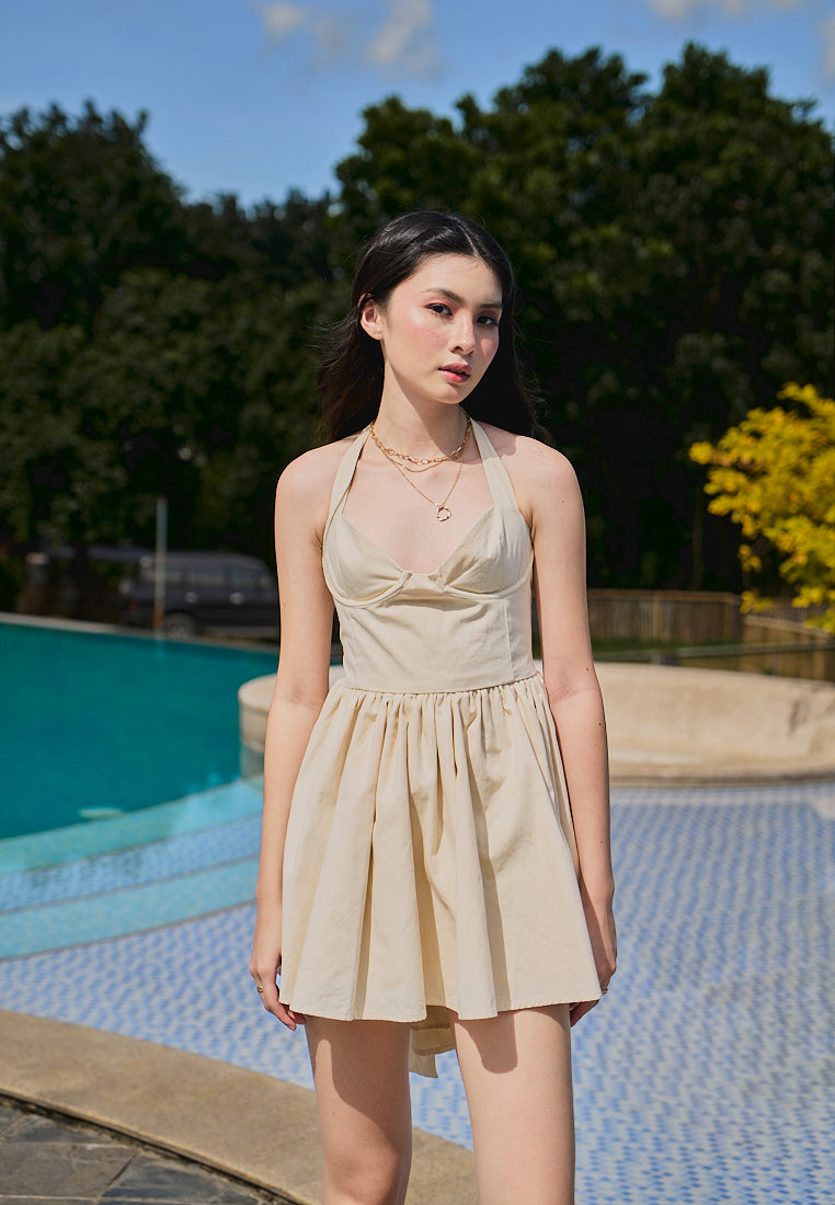 Emma Beige Bustier Halter Mini Dress