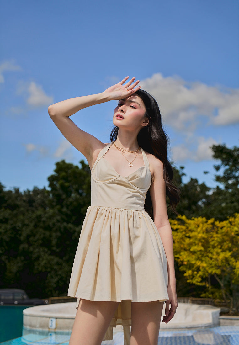 Emma Beige Bustier Halter Mini Dress