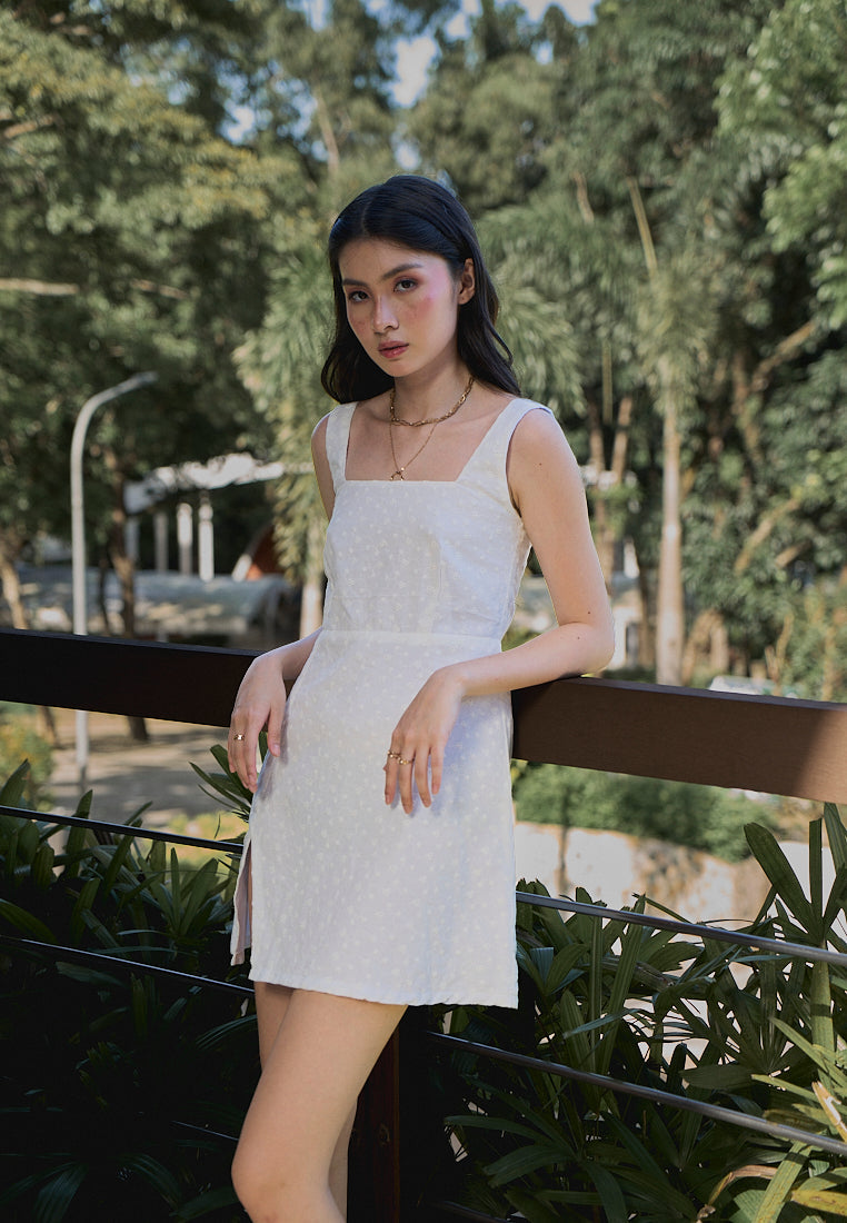 Zoleil White Floral Embroid Square Neck Front Slit Mini Dress