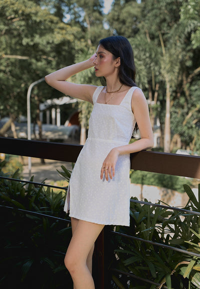 Zoleil White Floral Embroid Square Neck Front Slit Mini Dress