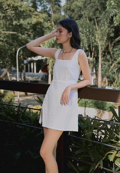 Zoleil White Floral Embroid Square Neck Front Slit Mini Dress