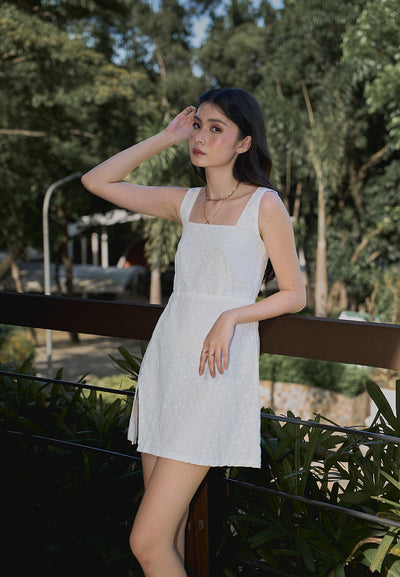 Zoleil White Floral Embroid Square Neck Front Slit Mini Dress