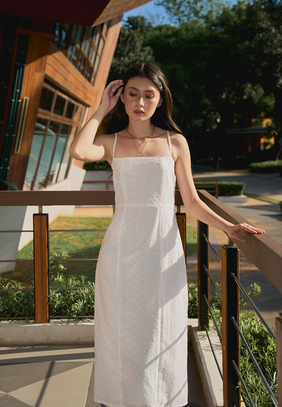 Fava White Floral Embroided Square Neck Thin Strap Midi Dress