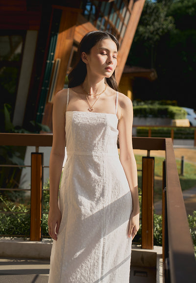 Fava White Floral Embroided Square Neck Thin Strap Midi Dress