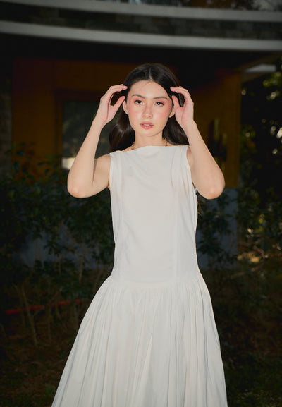 Winola White Boat Neck Flounce Midi Dress