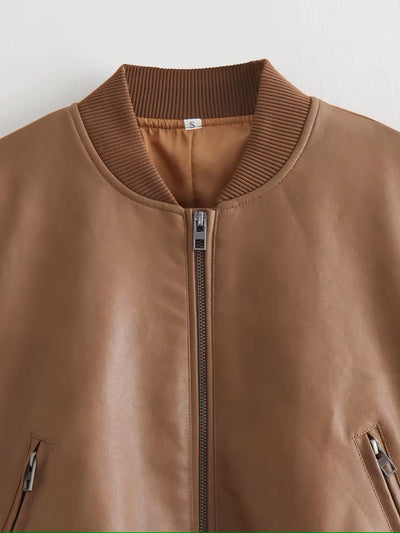 Damian Camel Brown Faux Leather Crew Neck Zip Up Long Sleeves Pilot Jacket