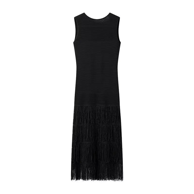 Doja Black Slim Fit Tassel Sleeveless Midi Dress