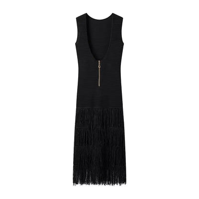 Doja Black Slim Fit Tassel Sleeveless Midi Dress