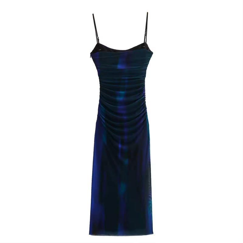 Ebony Midnight Blue and Black Mesh Pleated Ruched Slip Bodycon Midi Dress