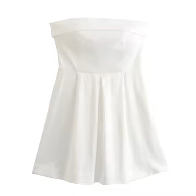 Eleonore White Folded Neckline Zipper Back Pleated Tube Mini Dress