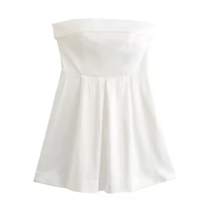 Eleonore White Folded Neckline Zipper Back Pleated Tube Mini Dress