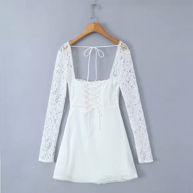 Eulalie White Lace Sweetheart Neckline Long Sleeves Smocked Crisscross Back Mini Dress