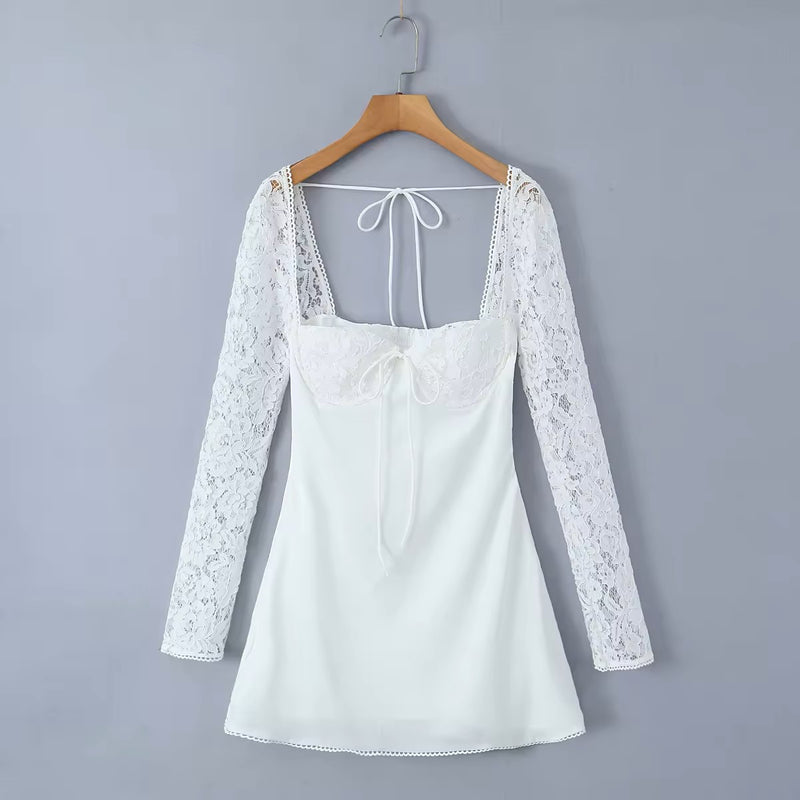 Eulalie White Lace Sweetheart Neckline Long Sleeves Smocked Crisscross Back Mini Dress