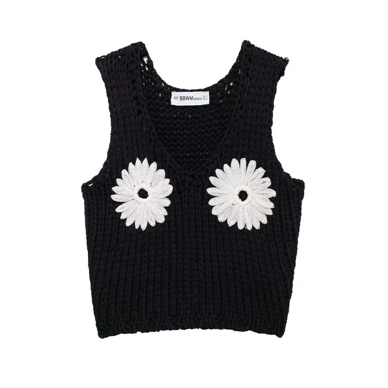 Eziquiel Black With Flower Crochet Knit Top