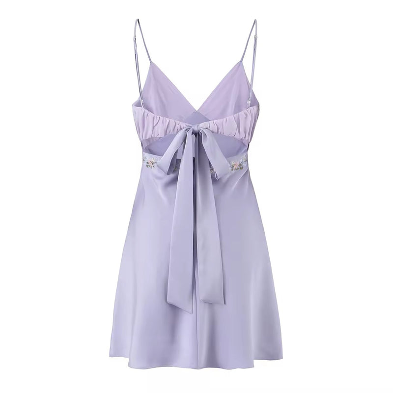 Fayette Lilac Floral Embroidery V Neck Thin Strap Sleeveless Mini Dress