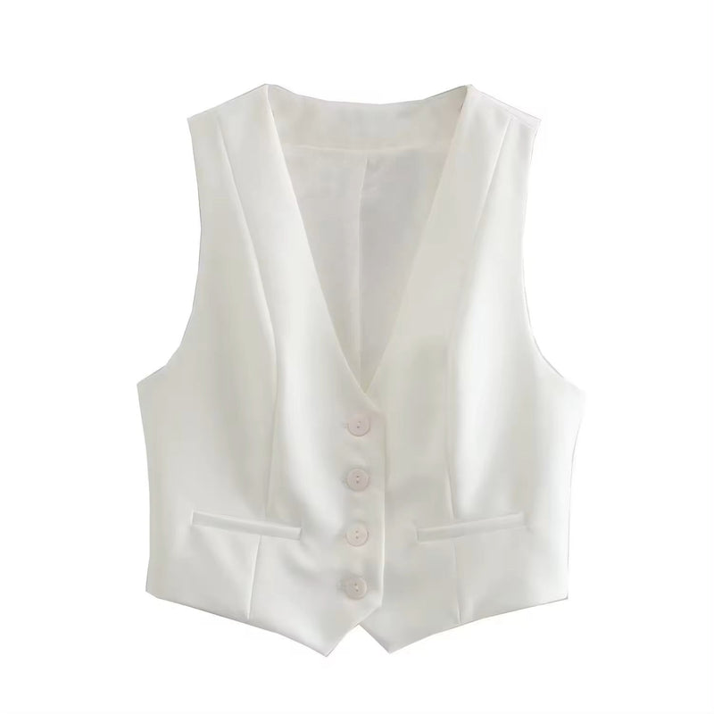 (PRE-ORDER: ETA August 5,2024)Femme White V Neck Single Breasted Waistcoat Vest