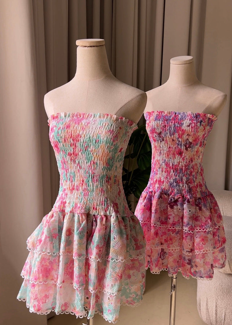 Zenny Green Pink Floral Print Smocked Tiered Mini Dress