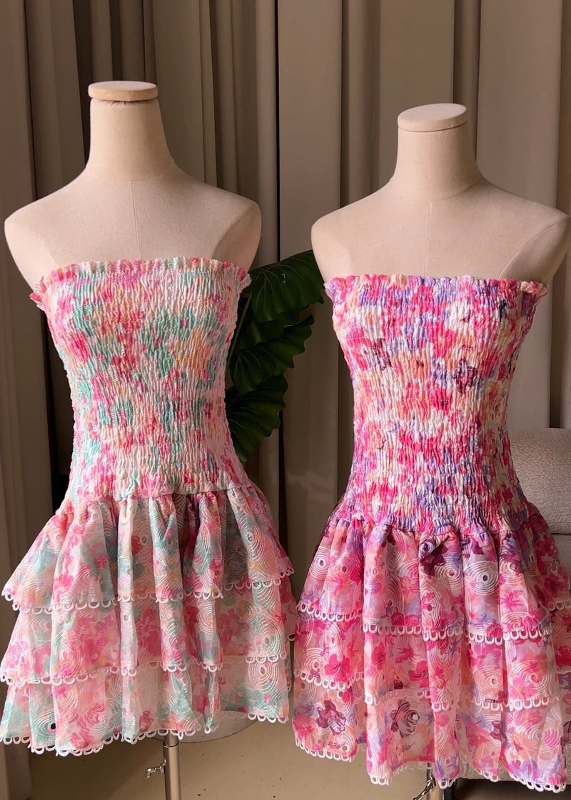 Zenny Pink Floral Print Smocked Tiered Mini Dress