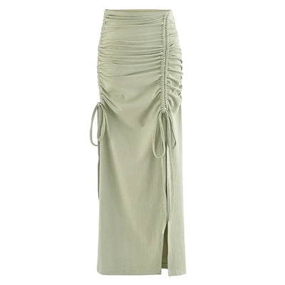 Georgene Sage Ruched Sides Slit Lace Up Midi Skirt