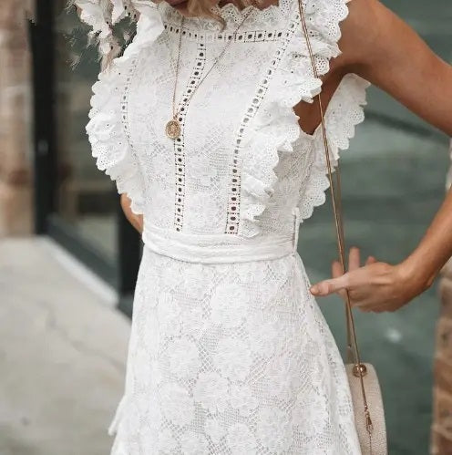 Gracey White Hollow Out Lace Ruffle Mini Dress