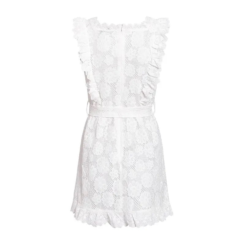 Gracey White Hollow Out Lace Ruffle Mini Dress