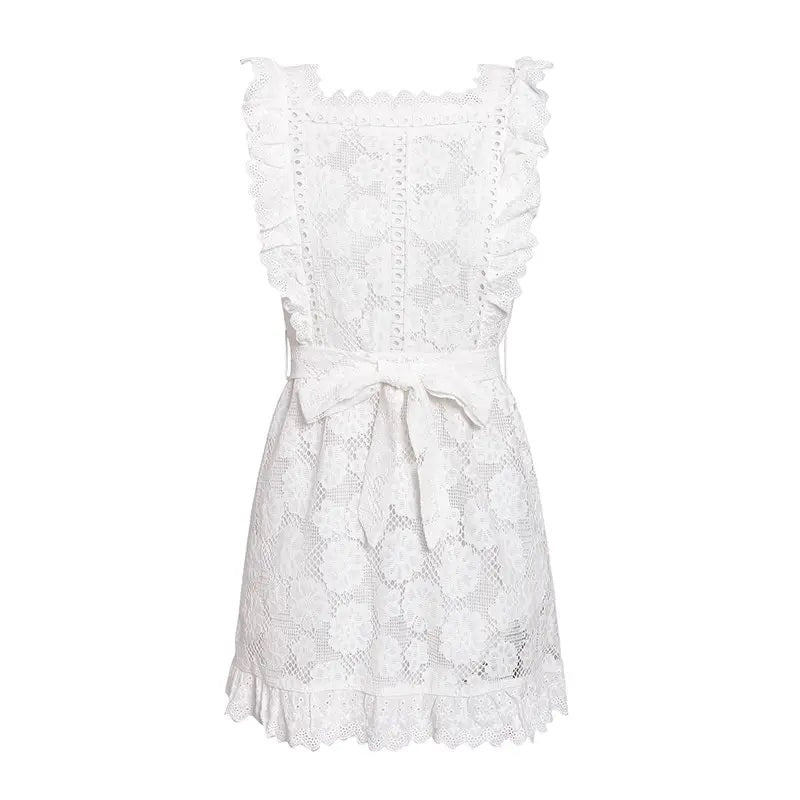 Gracey White Hollow Out Lace Ruffle Mini Dress