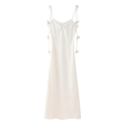 Isabeau Dream White Spaghetti Shoulder Straps Decorated with Pretty Rose Appliques Midi Dress