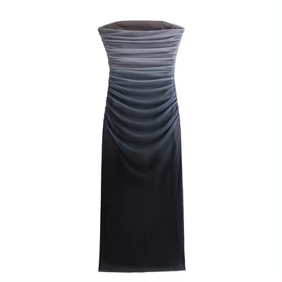 Katniss Graphite And Black Gradient Tie Dye Mesh Pleated Bodycon Tube Midi Dress