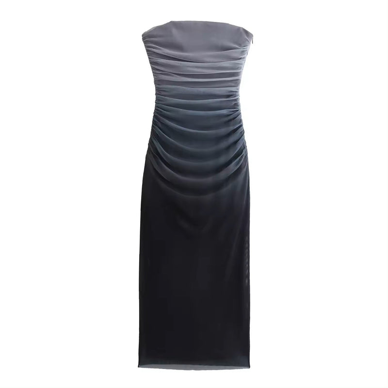 Katniss Graphite And Black Gradient Tie Dye Mesh Pleated Bodycon Tube Midi Dress