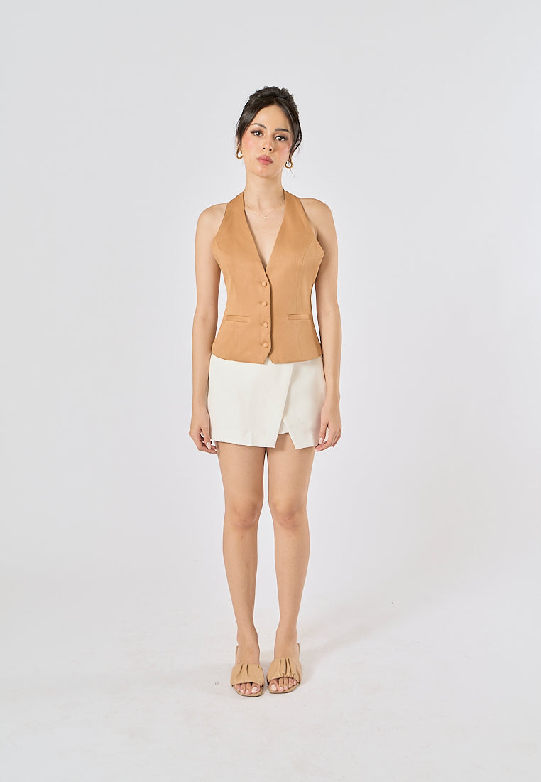 Lia Khaki V Neck Halter Backless Button Closure Sleeveless Top