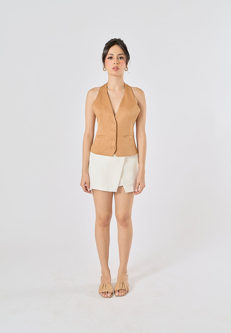 Lia Khaki V Neck Halter Backless Button Closure Sleeveless Top