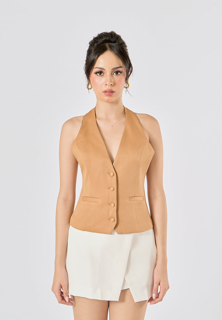 Lia Khaki V Neck Halter Backless Button Closure Sleeveless Top