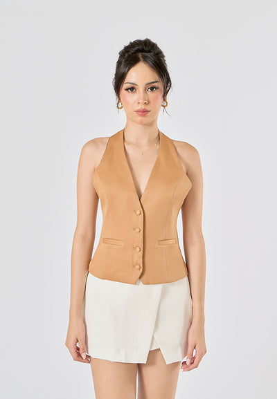 Lia Khaki V Neck Halter Backless Button Closure Sleeveless Top