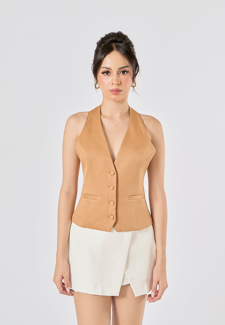 Lia Khaki V Neck Halter Backless Button Closure Sleeveless Top