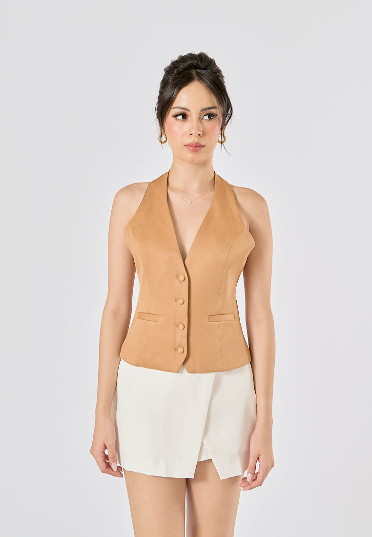 Lia Khaki V Neck Halter Backless Button Closure Sleeveless Top