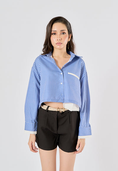 Naveen Blue Striped Print Turn Down Collar Long Sleeve Tops