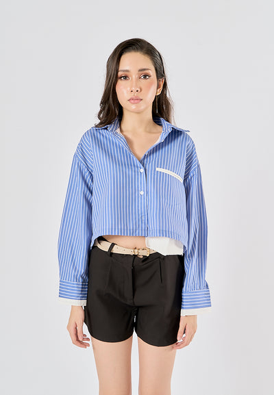 Naveen Blue Striped Print Turn Down Collar Long Sleeve Tops