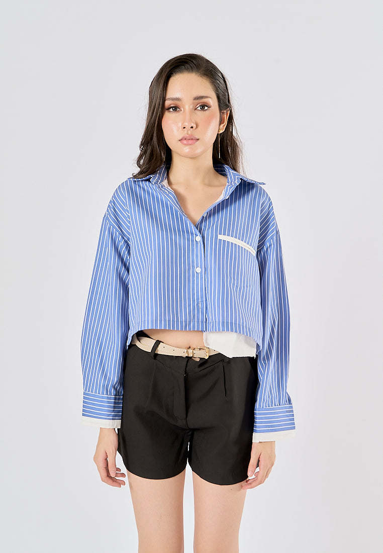 Naveen Blue Striped Print Turn Down Collar Long Sleeve Tops