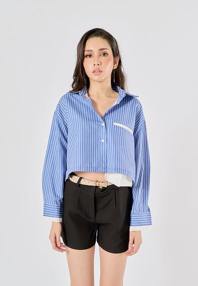 Naveen Blue Striped Print Turn Down Collar Long Sleeve Tops