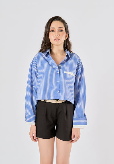 Naveen Blue Striped Print Turn Down Collar Long Sleeve Tops