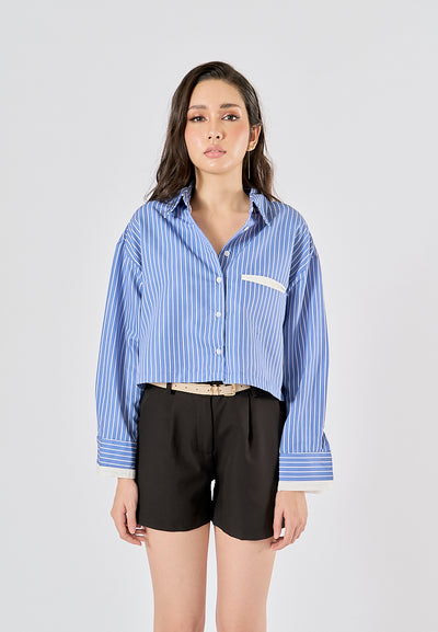 Naveen Blue Striped Print Turn Down Collar Long Sleeve Tops