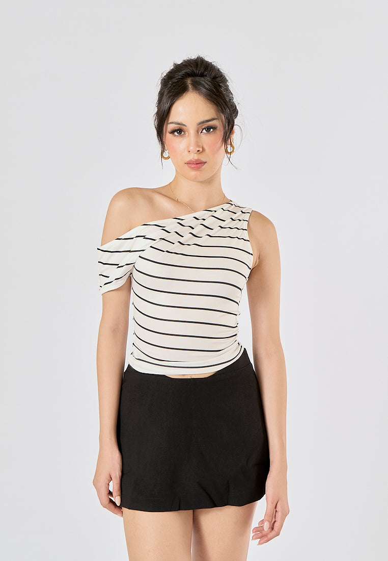 Izendra Black and White Stripes Asymmetrical Design Tank Top