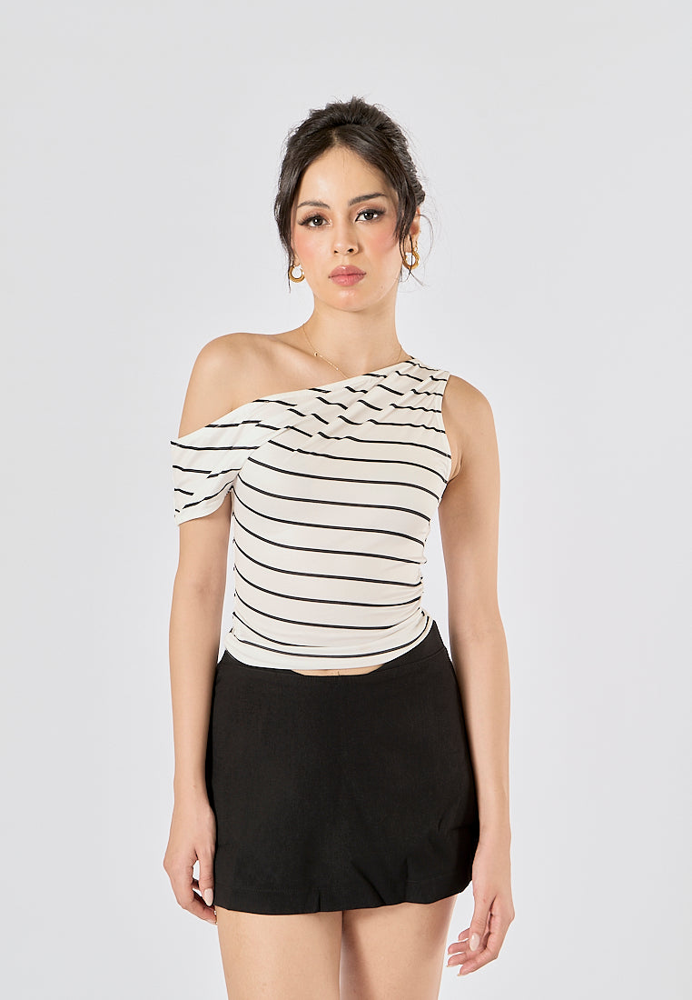 Izendra Black and White Stripes Asymmetrical Design Tank Top