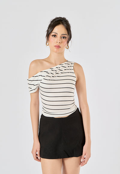 Izendra Black and White Stripes Asymmetrical Design Tank Top